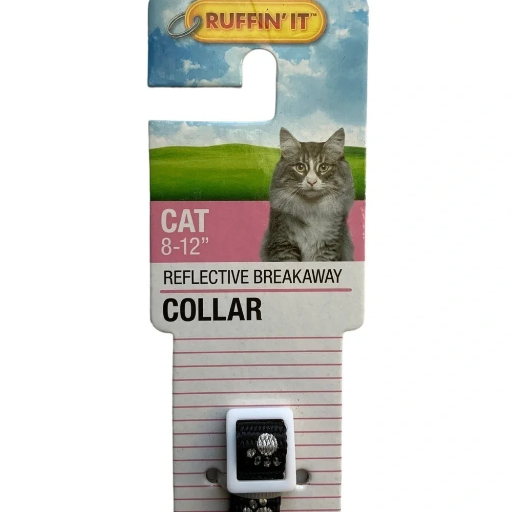 Cat Collar Reflective Adjustable Paw Print Breakaway Clasp Bell Black White 8-12